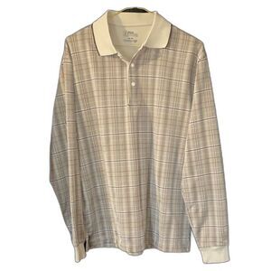 PGA TOUR Plaid Golf Polo Long Sleeve Men’s M Beige Performance Collared Shirt